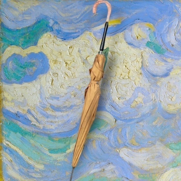 Vintage Tan Acrylic With Tinsel Glitter Hook Handle Mid Century Pagoda Umbrella - Picture 5 of 13